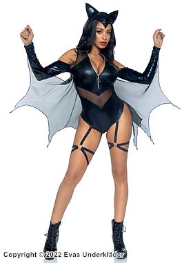 Female bat, teddy costume, wet look, front zipper, built-in garter belt strap, sheer inlay, wings